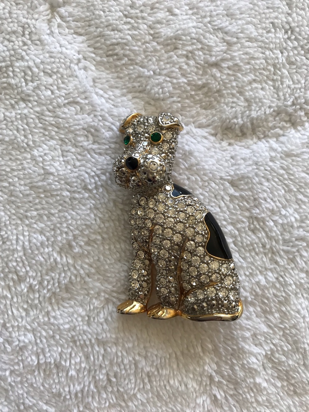 Crystal Dog Pin Brooch - Silver Rhinestone with Black and Gold Accents